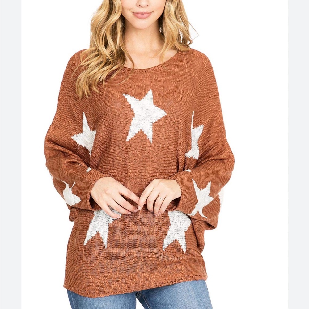 LA MIEL Brown and White Crew Neck Star Sweater m/l